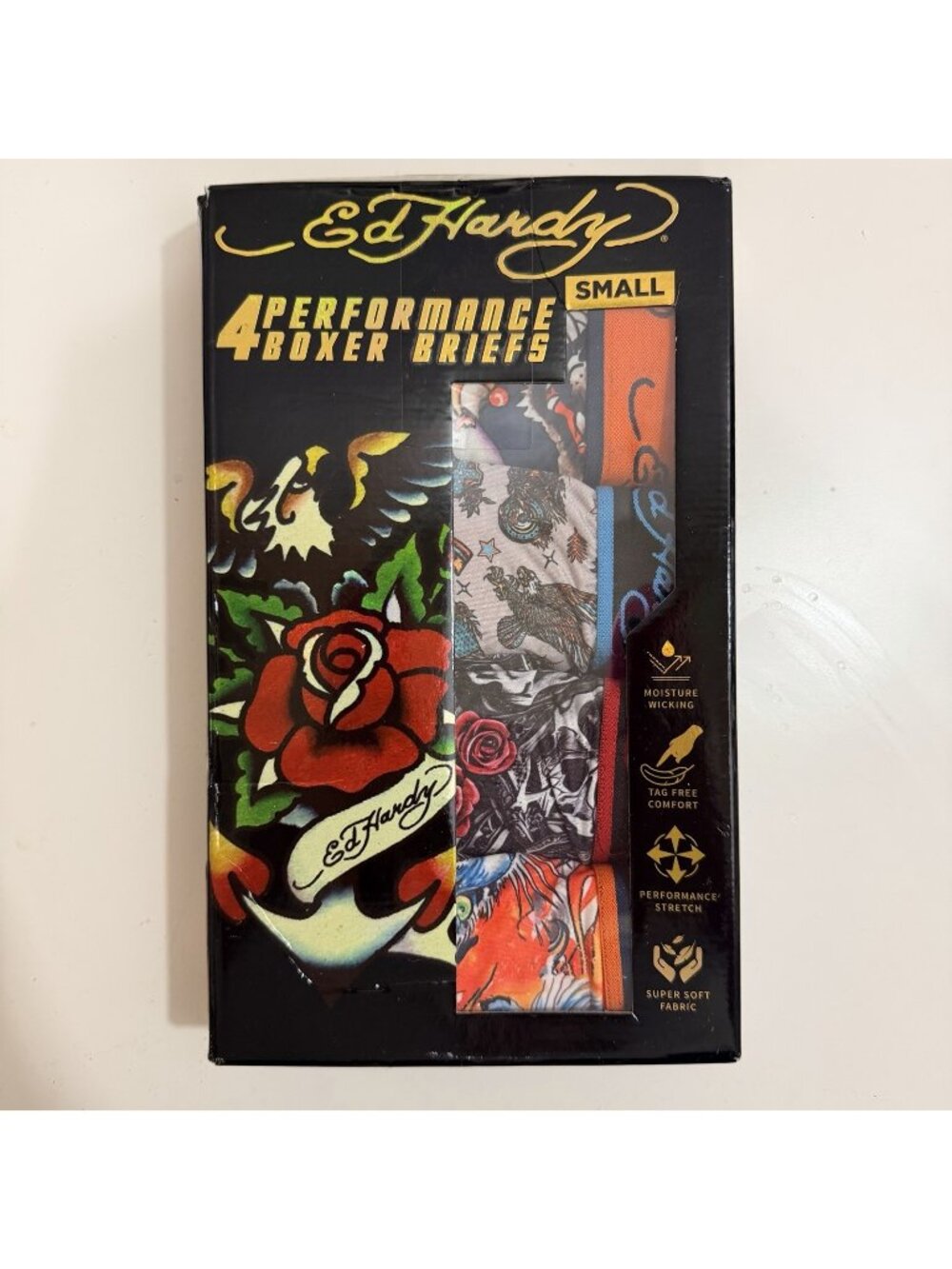 Ed Hardy 4-Pack Performance Boxer Briefs Tattoo Graphic Print Small